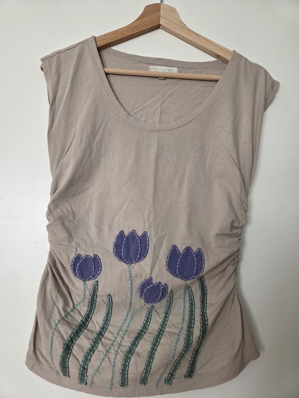 Women's Beige Tulip Embroidered Scoop Neck Top